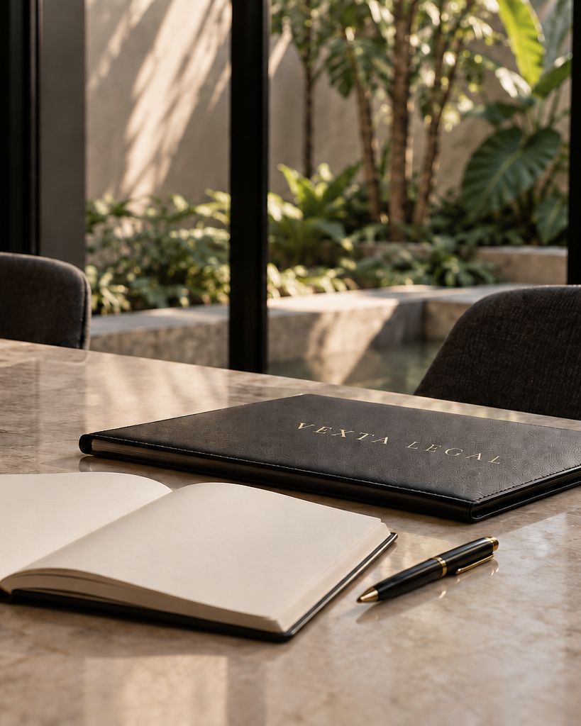 Sala de reuniones con mesa de piedra, carpeta de Vexta Legal y ventanales con luz natural